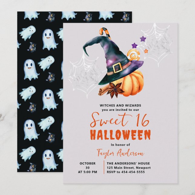 Halloween Pumpkin Witch Candy Spöken Cute Sweet 16 Inbjudningar (Fram/baksida)
