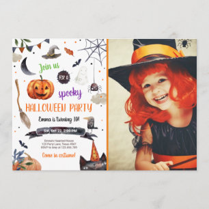 Halloween Pumpkin Witch Cat Spider Spooky Birthday Inbjudningar