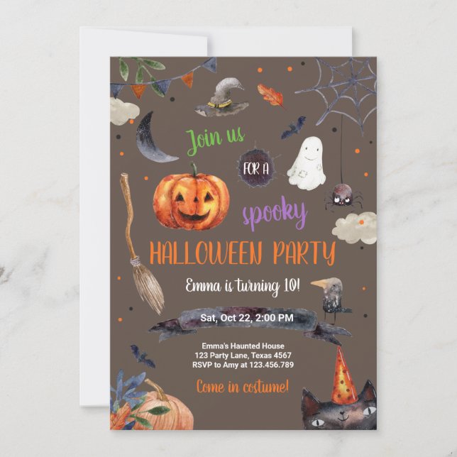Halloween Pumpkin Witch Cat Spider Spooky Birthday Inbjudningar (Framsida)