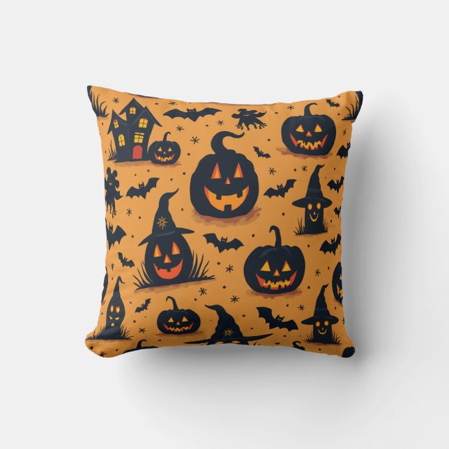 Halloween Pumpkin Witch Hat Mönster Pillow Cushion Kudde (Framsida)