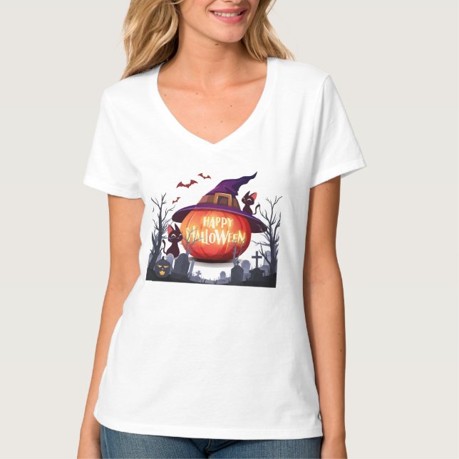 Halloween-Pumpkin, Witch Hat och Svarta katter T Shirt (Framsida)