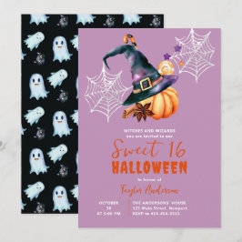 Halloween Pumpkin Witch Hat Spöken Lila Sweet 16 Inbjudningar