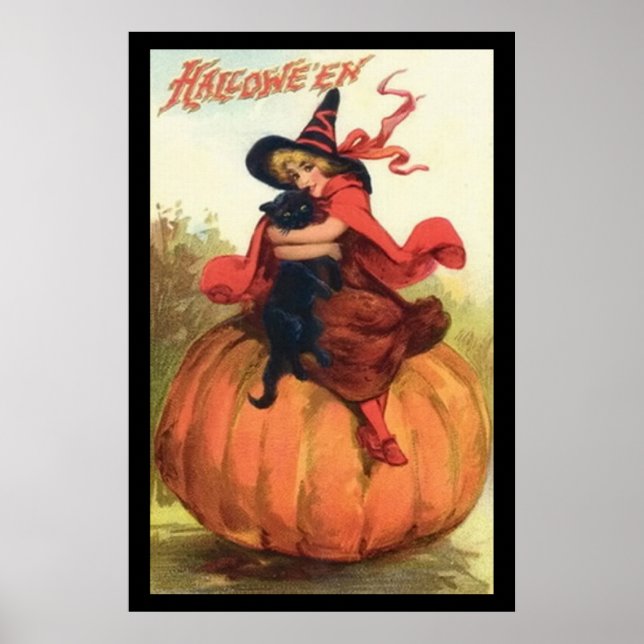 Halloween Pumpkin Witch In Red ovanpå en pumpa Poster (Framsidan)