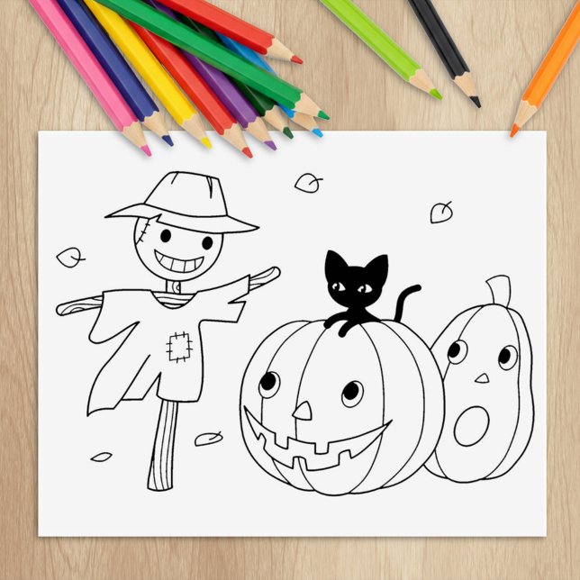 Halloween Pumpkins and Fågelskrämma Coloring Page Stämpel (Skapare uppladdad)