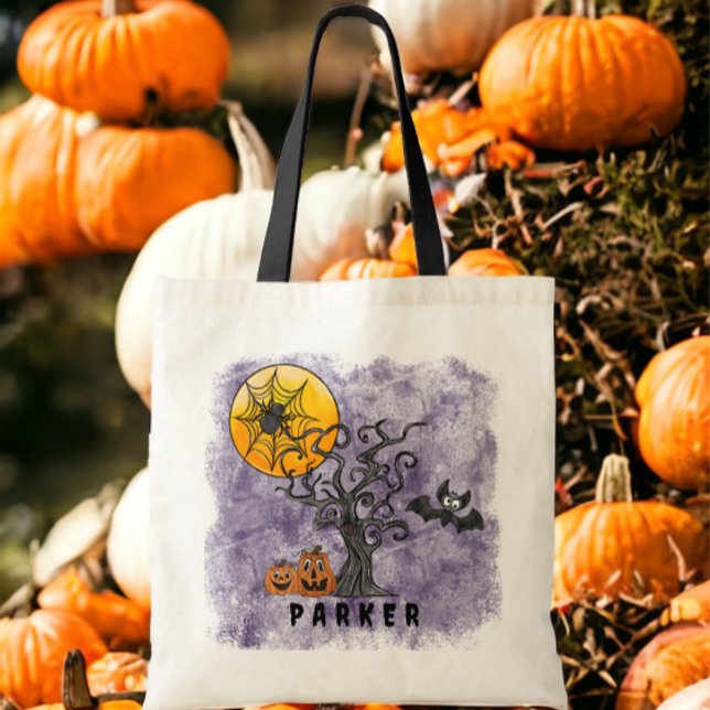 Halloween Pumpkins Fladdermus Träd Namn Lila Tygkasse (Skapare uppladdad)