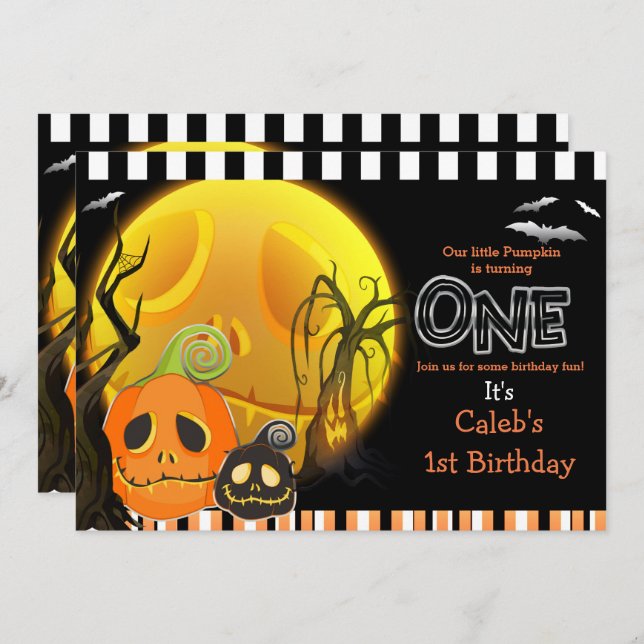 Halloween Pumpkins Moonlight 1:a födelsedagen Part Inbjudningar (Fram/baksida)