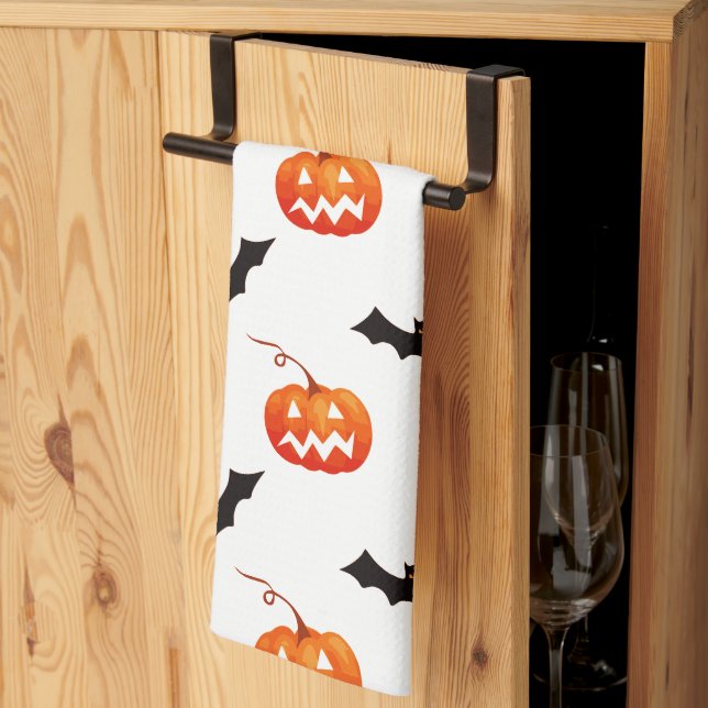 Halloween Pumpkins och Fladdermus, Bus eller godis Kökshandduk (Thirds Fold)