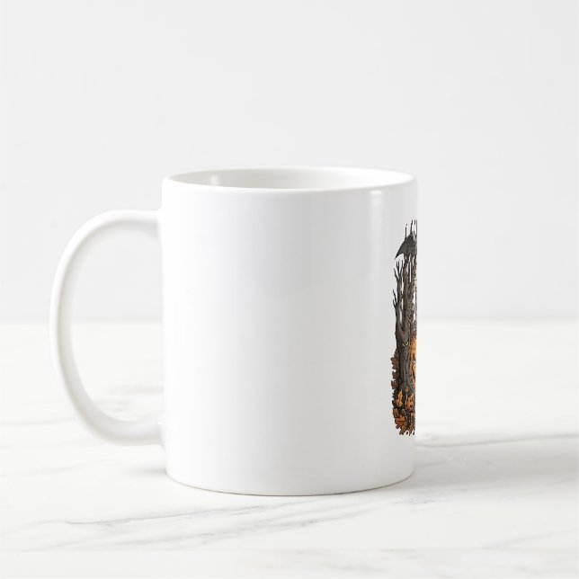 Halloween-pumpor Grå katt Fladdermus Fullmåne Skog Kaffemugg (Vänster)
