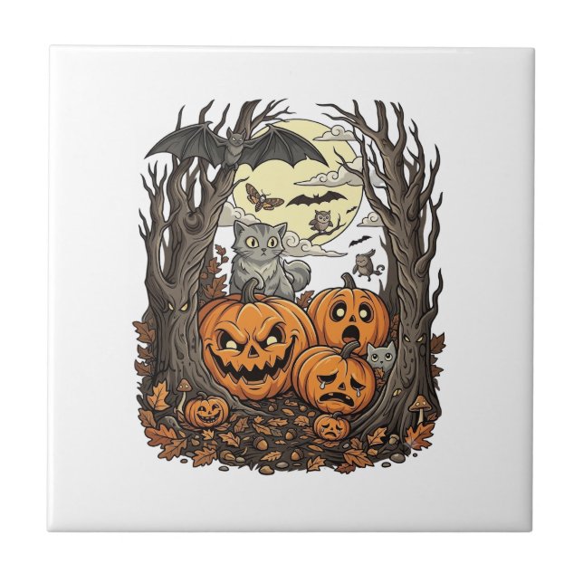 Halloween-pumpor Grå katt Fladdermus Fullmåne Skog Kakelplatta (Framsidan)