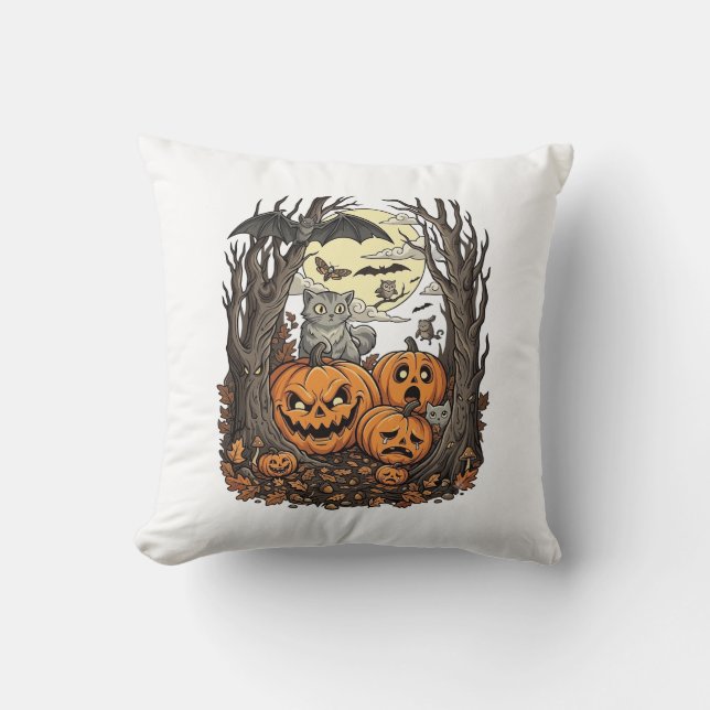 Halloween-pumpor Grå katt Fladdermus Fullmåne Skog Kudde (Framsida)