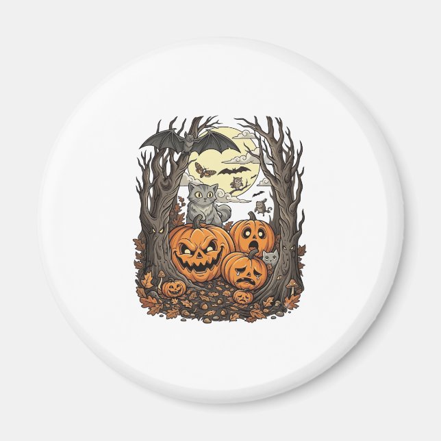 Halloween-pumpor Grå katt Fladdermus Fullmåne Skog Magnet (Framsidan)