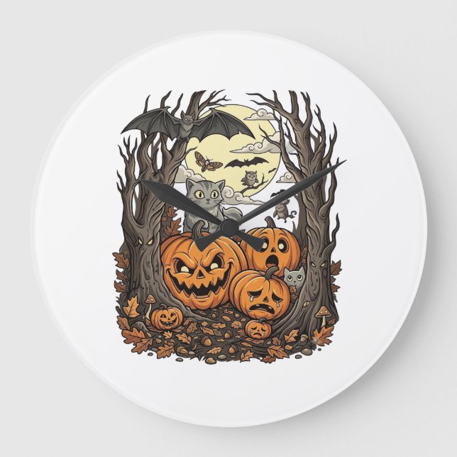 Halloween-pumpor Grå katt Fladdermus Fullmåne Skog Stor Klocka (Framsida)