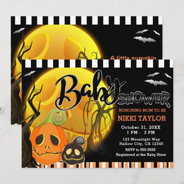 Halloween-pumpor Moonlight Baby Shower Inbjudningar (Fram/baksida)