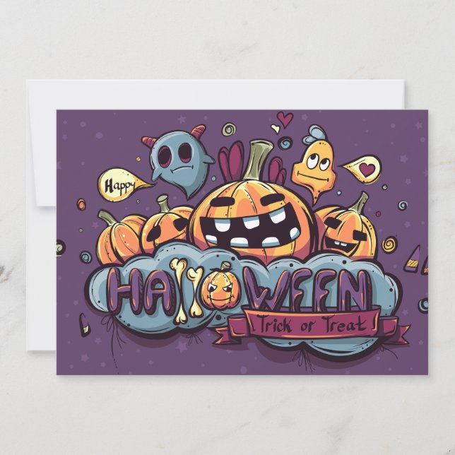 Halloween Pumpor och Spöken Bus eller Bussel Inbjudningar (Framsida)