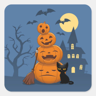 Halloween-pumpor och svart katt fyrkantigt klistermärke