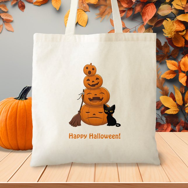 Halloween-pumpor och svart katt tygkasse (Skapare uppladdad)