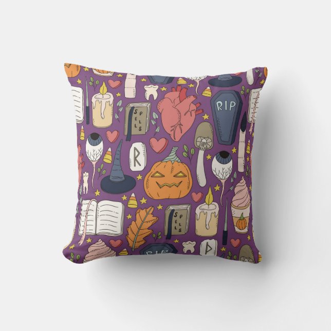 Halloween-pumpor, sömlöst mönster med häxa. kudde (Framsida)
