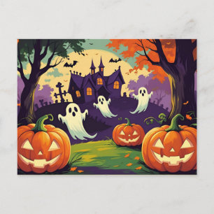 Halloween-pumpor, spöke och spökhus  helg vykort