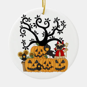 Halloween pumpor, svart fåglar och mopshund julgransprydnad keramik
