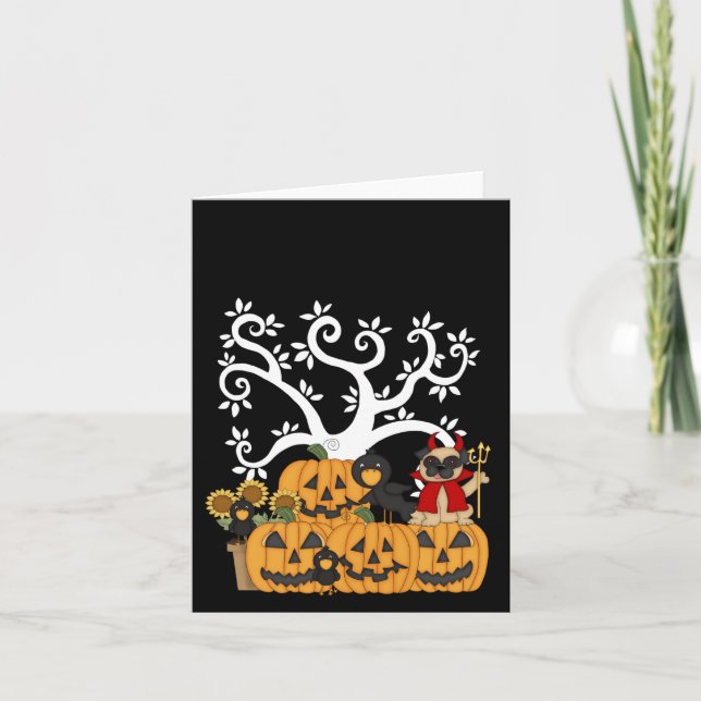 Halloween pumpor, svart fåglar och mopshund kort (Framsida)