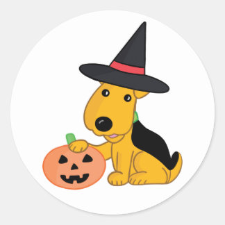 Halloween Puppy Hund i Witch Hat w Pumpkin Sticker Runt Klistermärke