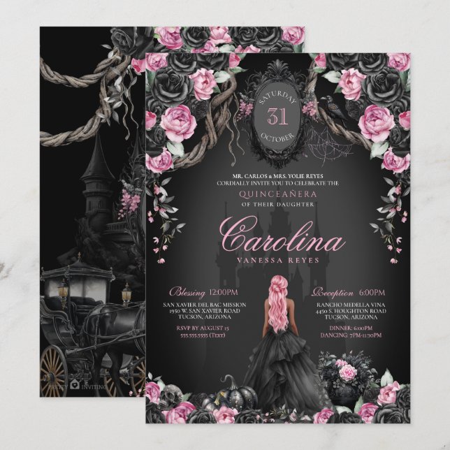 Halloween Quinceañera Black & Rosa Gothic Princess Inbjudningar (Fram/baksida)