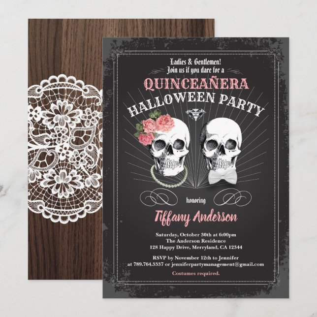 Halloween Quinceañera födelsedagsfest svart rosa Inbjudningar (Fram/baksida)