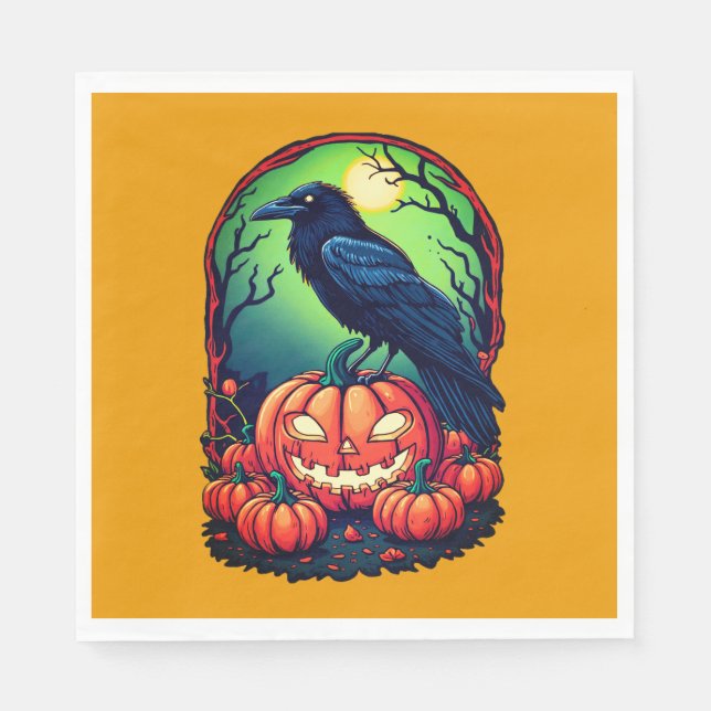 Halloween Raven i en Pumpkin Patch Pappersservett (Framsidan)