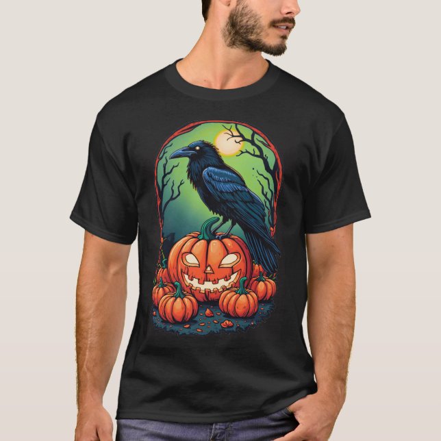 Halloween Raven i en Pumpkin Patch T Shirt (Framsida)