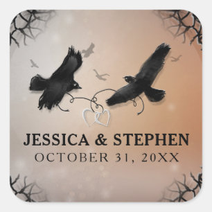 Halloween Ravens med Hearts Bröllop Square Fyrkantigt Klistermärke