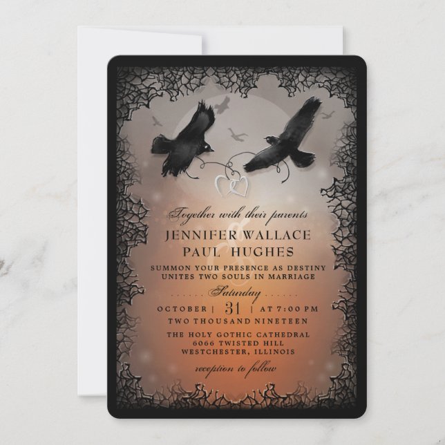 Halloween Ravens och Hearts Bröllop tillsammans me Inbjudningar (Framsida)