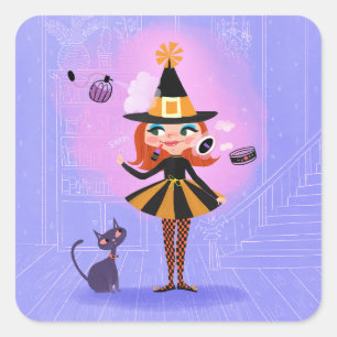 Halloween Red Hair Witch Lavender & Rosa Fyrkantigt Klistermärke