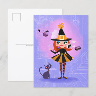 Halloween Red Hair Witch Lavender & Rosa Vykort