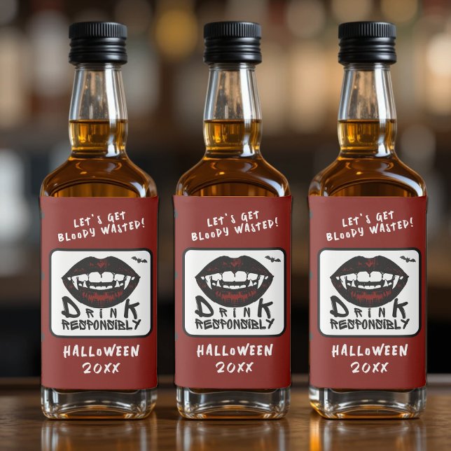 Halloween Red Läppar Vampire Fangs dricker ansvars Spritflaskor Etikett (Halloween Red Lips Vampire Fangs Drink Responsibly Liquor Bottle Label
)