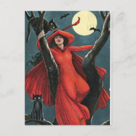 Halloween Red Witch och Black Cat Vintage Helg Vykort