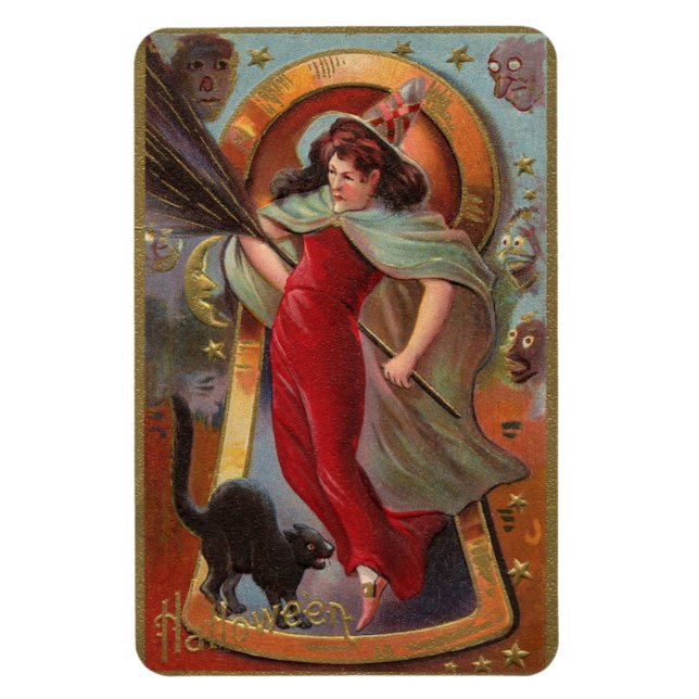 Halloween Red Witch och Black Cat Vintage Magnet (Vertikal)
