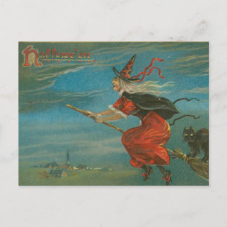 Halloween Red Witch på Broom Black Cat Vintage Vykort
