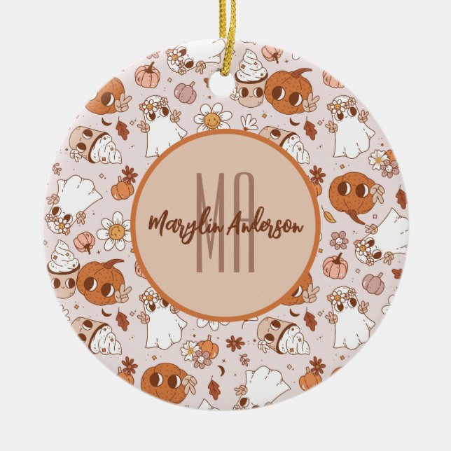 HALLOWEEN RETRO GROOVY PUMPKINS OCH SPÖKEN JULGRANSPRYDNAD KERAMIK (Framsidan)