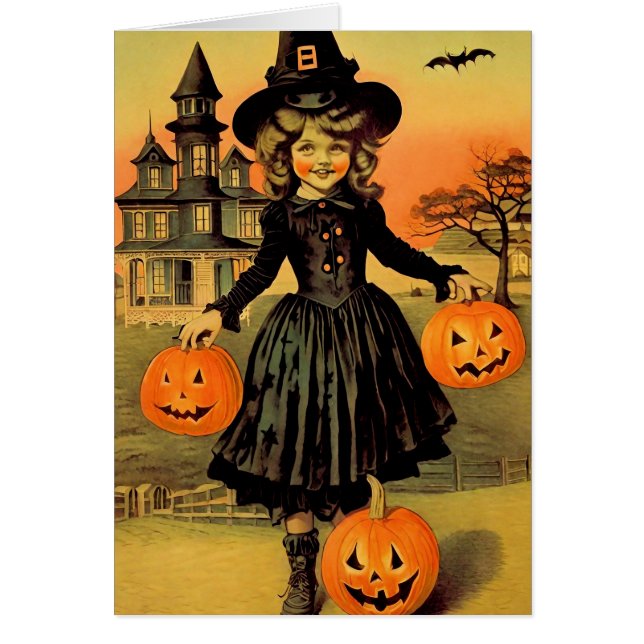 Halloween Retro Häxa Hälsningskort (Framsidan)