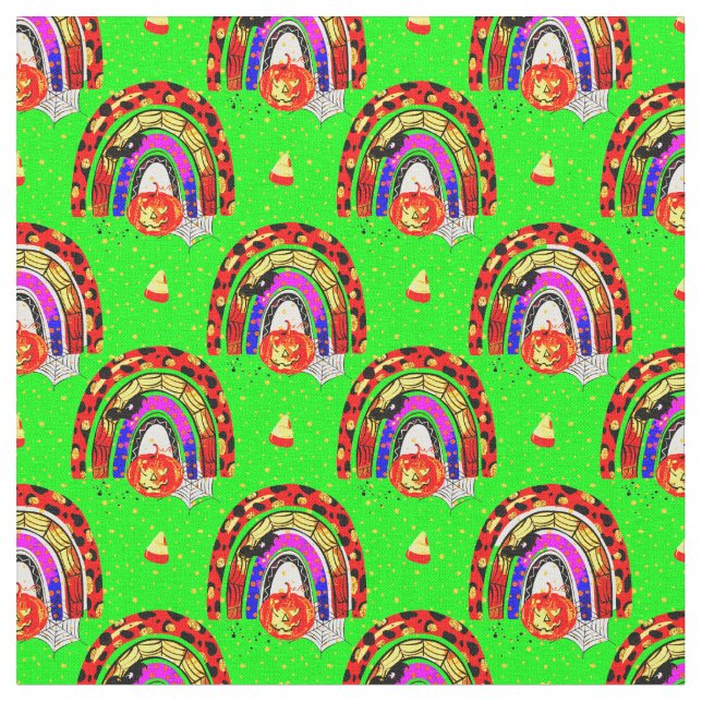 Halloween Retro Leopard Rainbow Pumpkin på Grönten Tyg (Närbild)