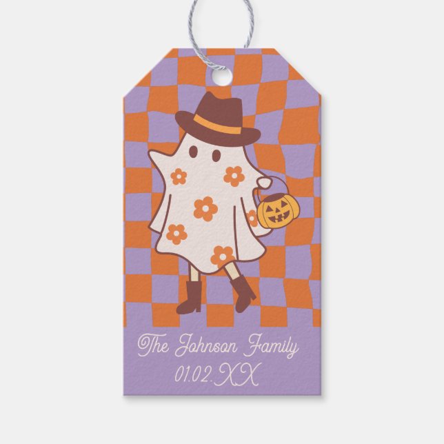 Halloween Retro Spökhäxa Bus eller Behandla Presentetikett (Framsidan)