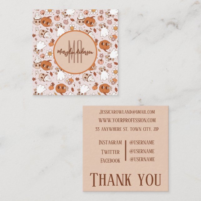 HALLOWEEN RETROGROOVY PUMPKINS OCH SPÖKEN FYRKANTIGT VISITKORT (Fram/baksida)