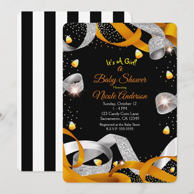 Halloween Ribbon & Candy corn Baby Shower Inbjudningar (Fram/baksida)