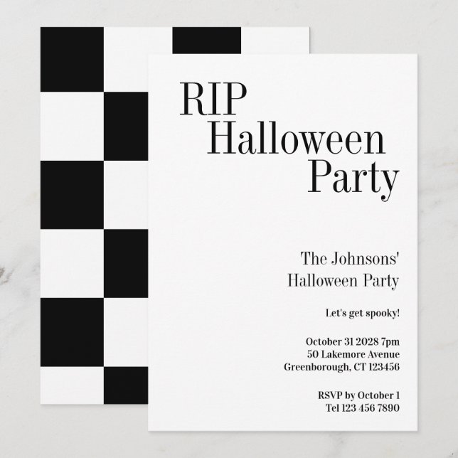 Halloween RIP-fest Ruttet svartvitt schackmönster Inbjudningar (Fram/baksida)