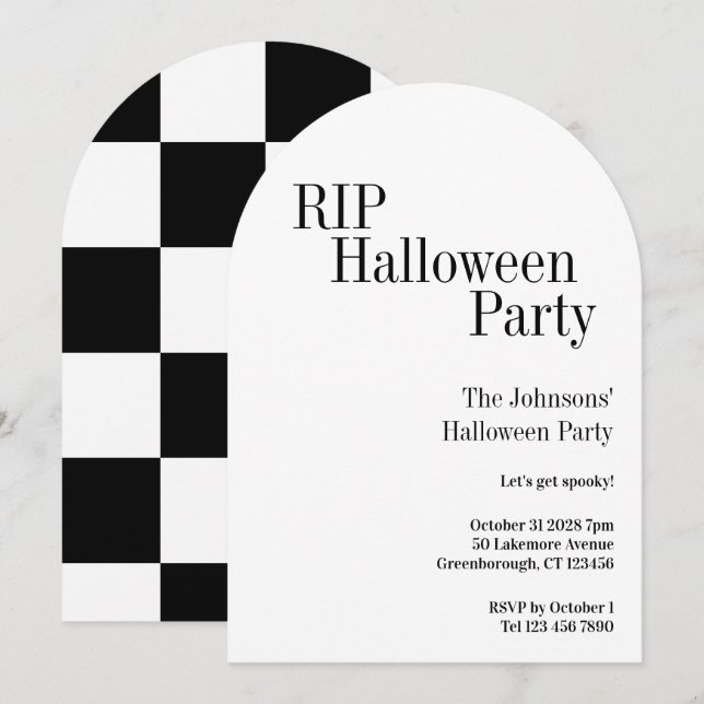 Halloween RIP-fest Svart och vit rutig Inbjudningar (Fram/baksida)