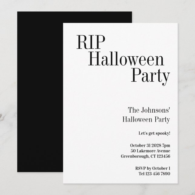 Halloween RIP Party Black and White Inbjudningar (Fram/baksida)