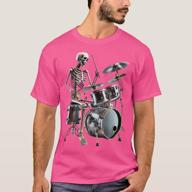 Halloween Rocker Skeleton spelar upp trumma Skull  T Shirt (Framsida)