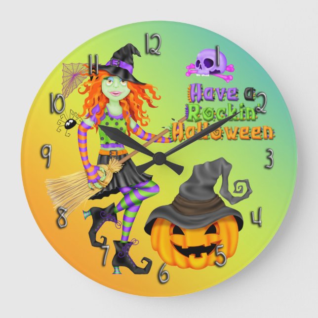 Halloween Rockin Witch Round Wall Clock Stor Klocka (Framsida)