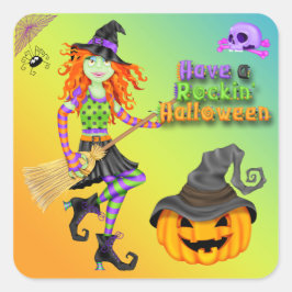 Halloween Rockin Witch Square Stickers Fyrkantigt Klistermärke