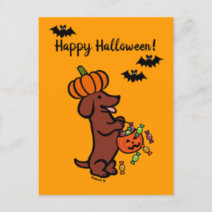 Halloween Röd Slät Hårig Dackel Vykort